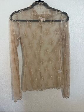 Sheer Floral Lace Long-Sleeve Top - Cream/Tan